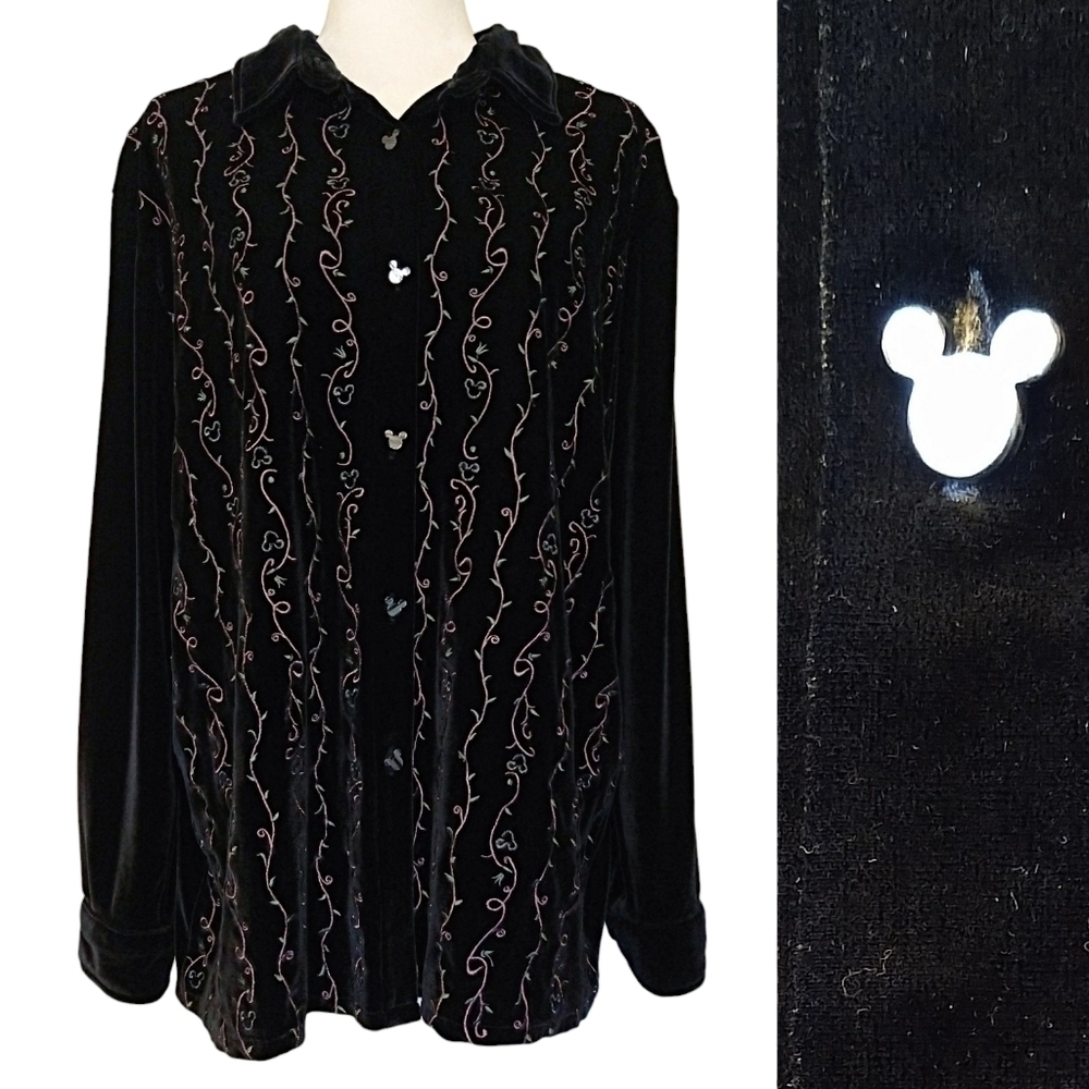 Disney Black Velour Embroidered Button-Up Shacket Mickey Mouse Buttons Soft